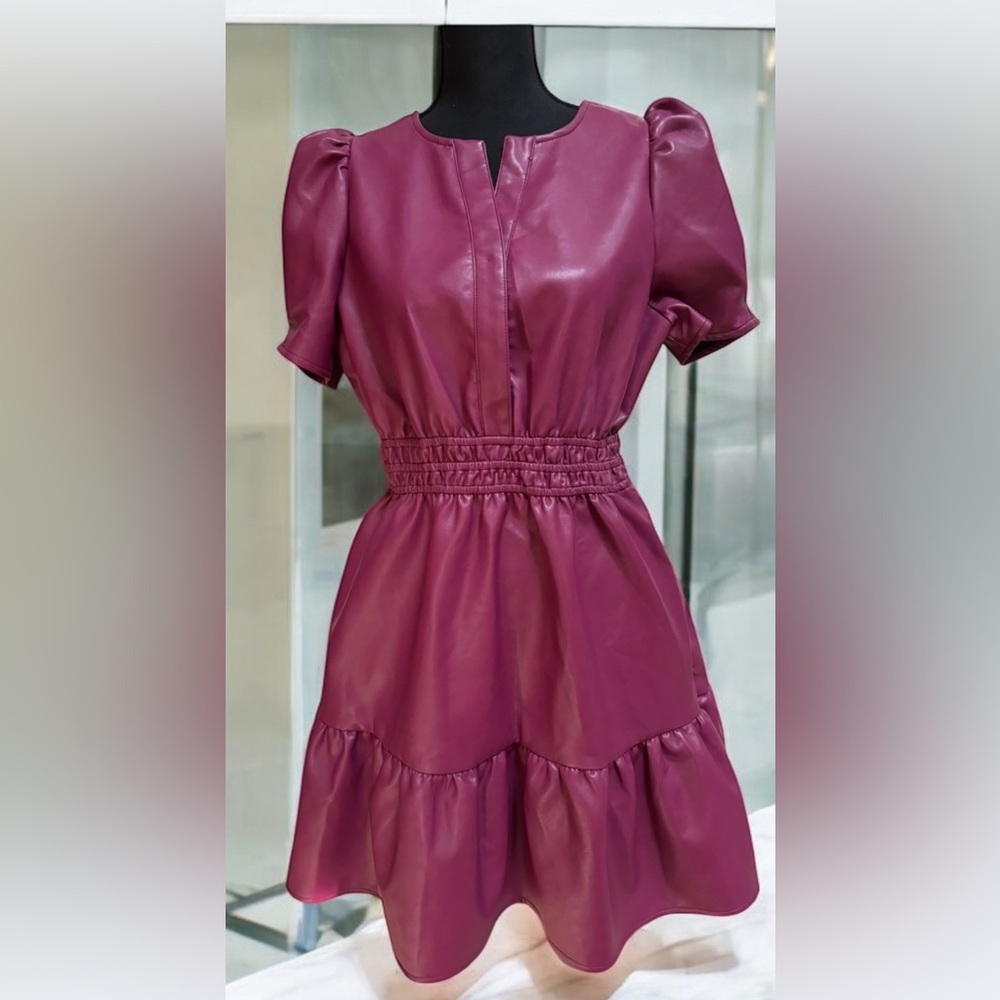 Women's Faux Leather Puff-Sleeve Dress — Bordeaux - Picture 3 of 13